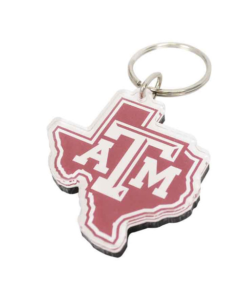 Texas A&M Aggies acrylic key ring shaped like Texas with maroon background and Texas A&M logo