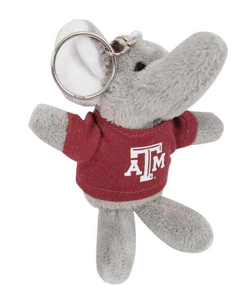 Texas A&M Aggies elephant plush keychain with gray elephant wearing maroon Texas A&M shirt and logo