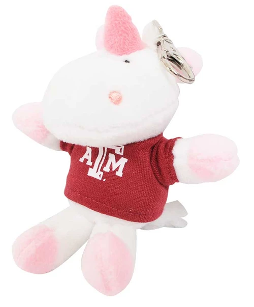 Texas A&M Aggies unicorn plush keychain with white and pink design wearing maroon Texas A&M shirt with logo