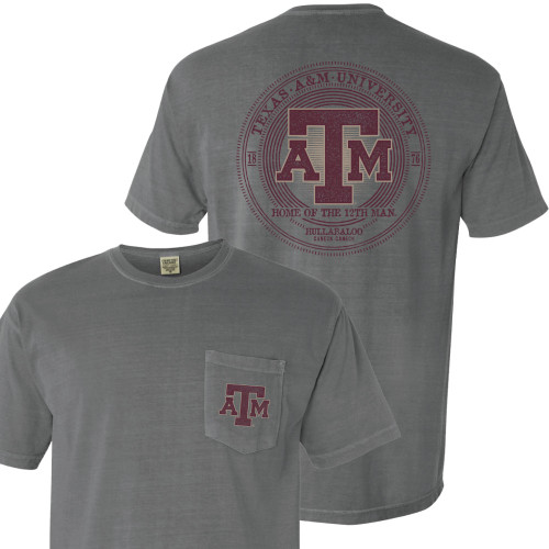 Texas A&M Aggies gray t shirt with circular Texas A&M graphic on back and chest pocket logo on front