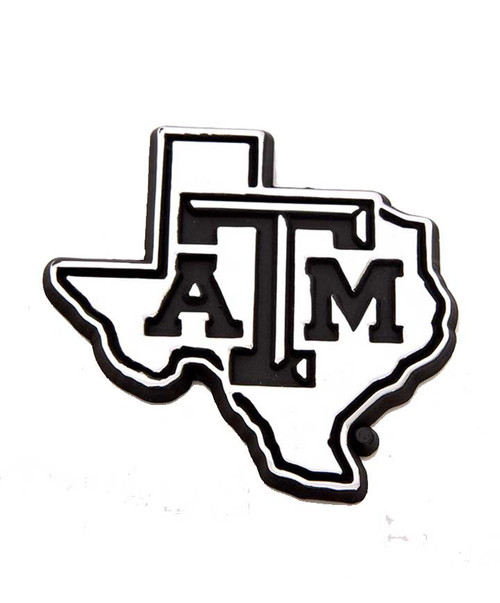 Texas A&M Aggies Lone Star logo car emblem with Texas state outline and Texas A&M logo in black and silver