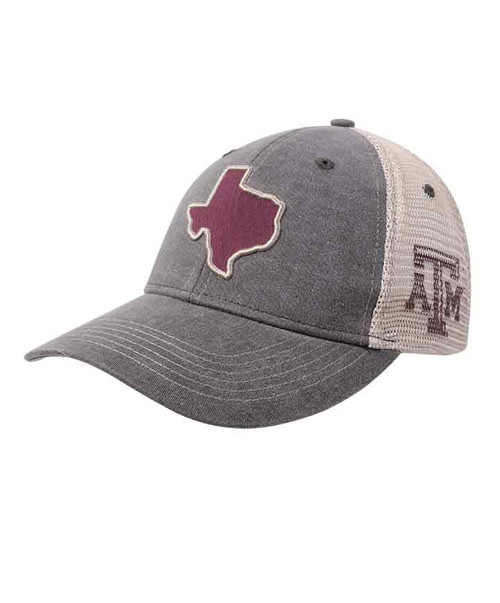 Texas A&M Aggies gray and mesh trucker hat with maroon Texas state patch on front and Texas A&M logo on side