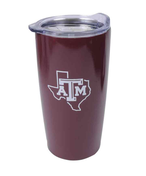 Texas A&M Aggies maroon tumbler with Texas state outline and Texas A&M logo design with clear lid