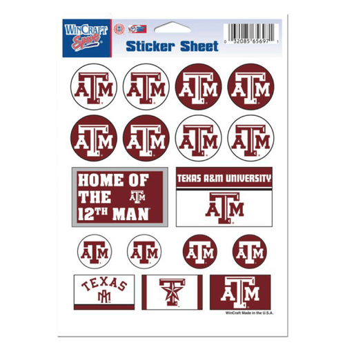 Texas A&M Aggies sticker sheet with multiple Texas A&M logos, Home of the 12th Man text, and Aggie themed designs