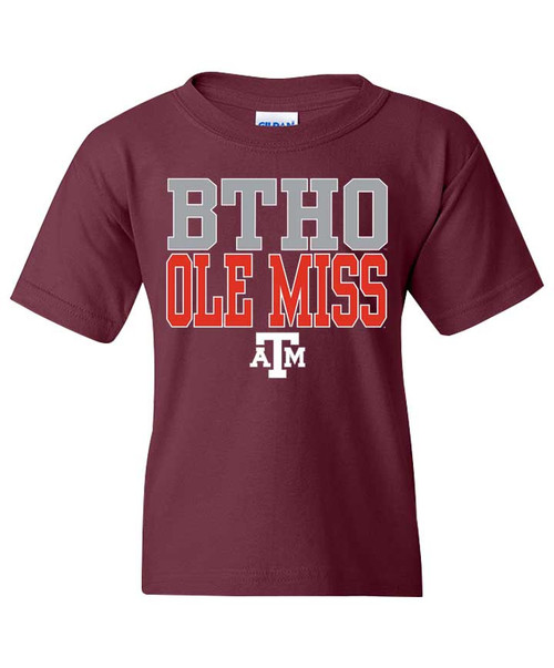 Texas A&M Aggies youth maroon t shirt with BTHO Ole Miss text and Texas A&M logo on front