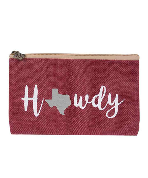 Texas A&M Aggies maroon cosmetic bag with Howdy text and Texas state outline design