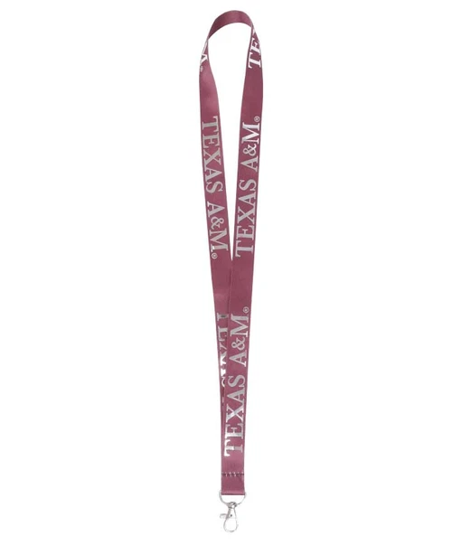 Texas A&M Aggies maroon foil lanyard with reflective Texas A&M text and metal clip attachment