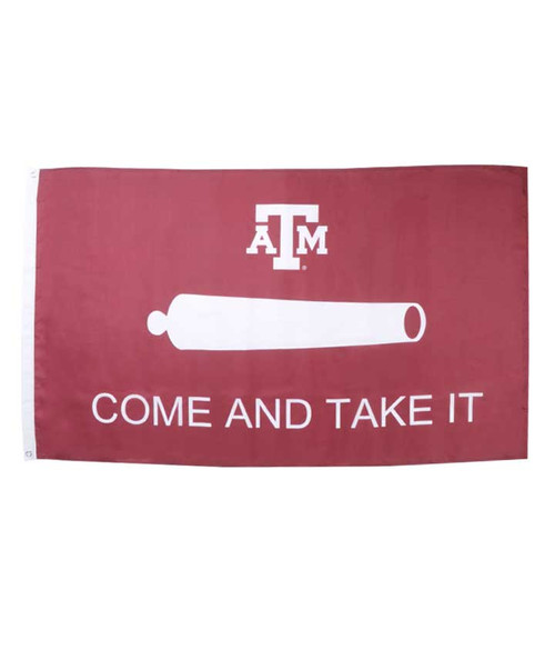 Texas A&M Aggies 3x5 flag with Come and Take It text, cannon graphic, and Texas A&M logo on maroon background