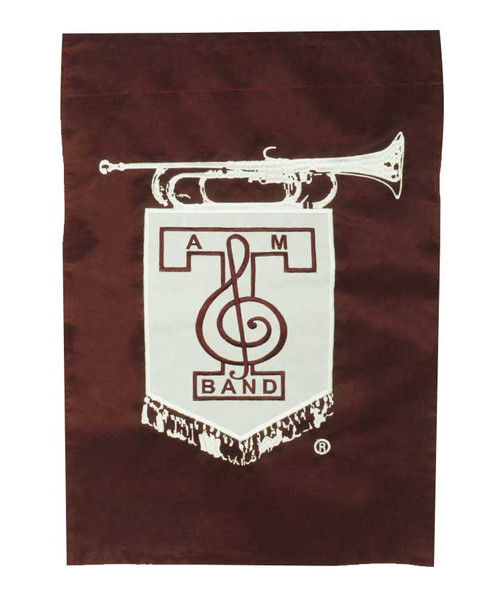 Texas A&M Aggies Aggie Band garden flag with trumpet graphic and Texas A&M Band emblem on maroon background