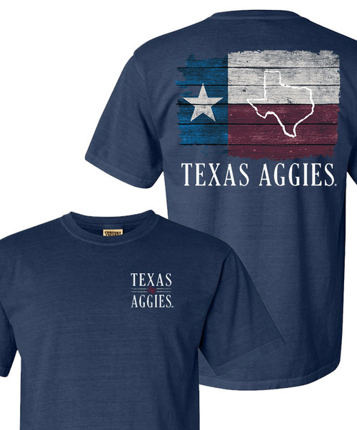Texas A&M Aggies navy t shirt with Texas flag and state outline graphic on back and Texas Aggies text on front