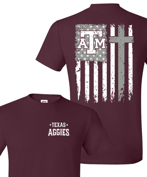 Texas A&M Aggies maroon t shirt with American flag and cross design on back and Texas Aggies text on front