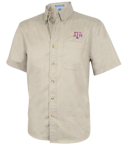 Texas A&M Aggies khaki twill short sleeve button up shirt with chest pocket and Texas A&M logo