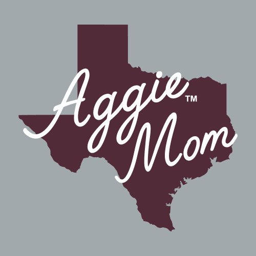 Texas A&M Aggies Mom decal with Texas state outline in maroon and Aggie Mom script text