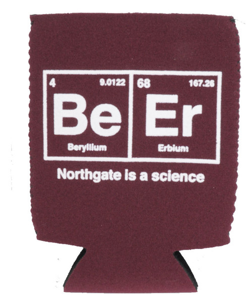 Texas A&M Aggies maroon koozie with Be Er periodic table design and Northgate is a Science text