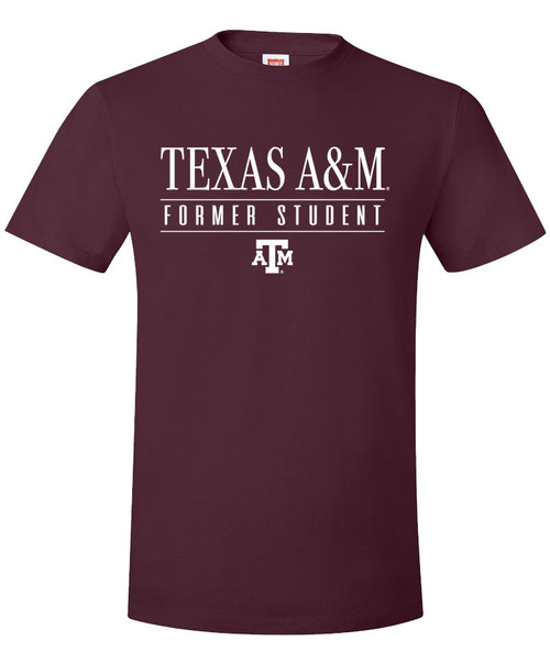 Texas A&M Aggies maroon t shirt with Texas A&M Former Student text and Texas A&M logo on front
