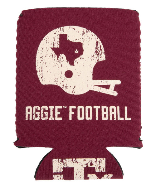 Texas A&M Aggies maroon koozie with vintage football helmet design, Texas state detail, and Aggie Football text
