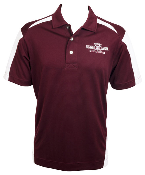 Texas Aggie Band logo embroidered in white on the left chest of the maroon and white polo.