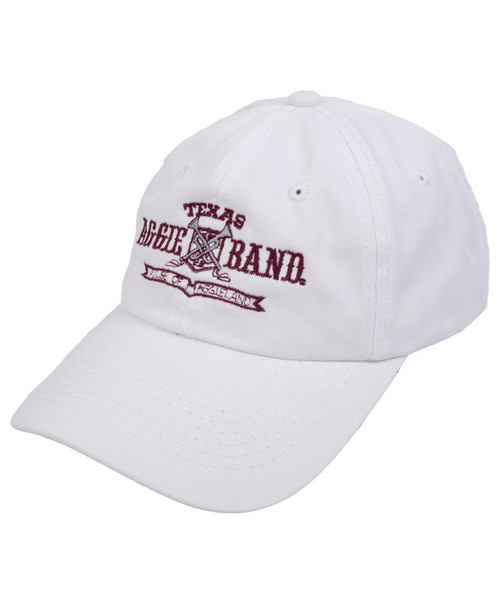 Texas A&M Aggies white cap with Texas Aggie Band embroidered text on front