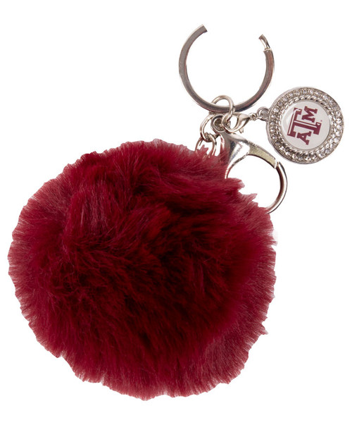 Texas A&M Aggies maroon pom keychain with fluffy pom and Texas A&M logo charm