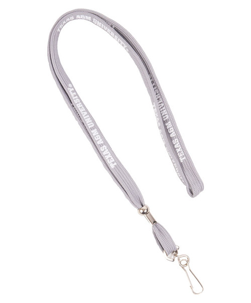 Texas A&M Aggies gray lanyard with repeated Texas A&M text and metal clip attachment