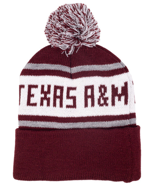 Texas A&M Aggies youth maroon and white knit beanie with Texas A&M text band and pom on top