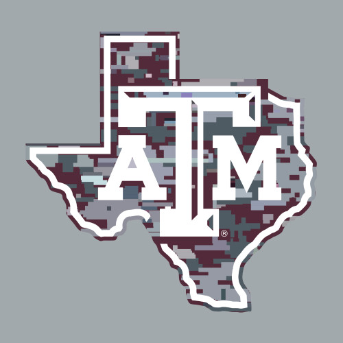 Texas A&M Aggies decal with Texas state outline, digital camo pattern, and layered Texas A&M logos