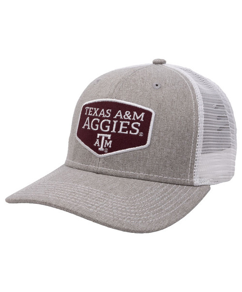 Texas A&M Aggies gray trucker cap with mesh back and maroon Texas A&M Aggies patch on front