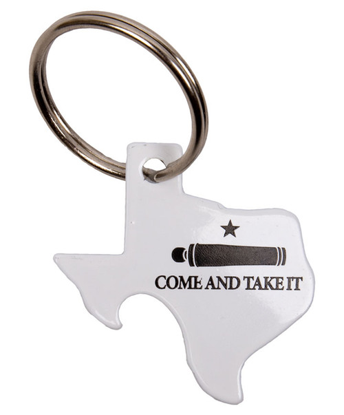 Texas A&M Aggies white bottle opener key ring with Texas state shape, Come and Take It cannon design, and star detail