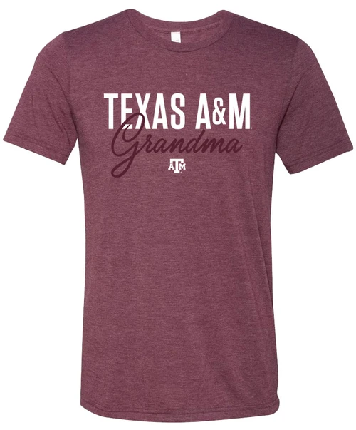 Texas A&M Aggies heather maroon t shirt with Texas A&M Grandma text in mixed font design on front
