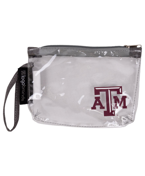 Texas A&M Aggies clear wristlet with zipper closure, wrist strap, and Texas A&M logo on front