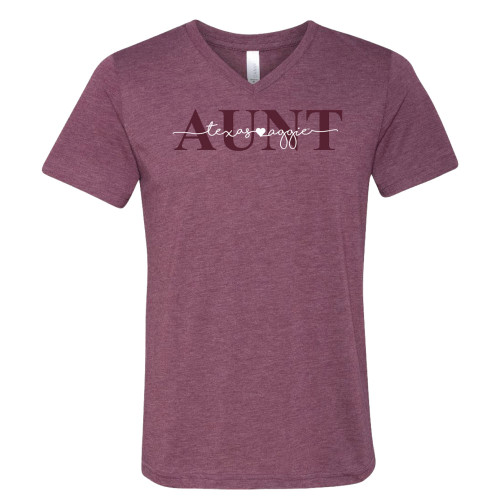 Texas A&M Aggies heather maroon t shirt with Aunt text and Texas A&M logo integrated into design