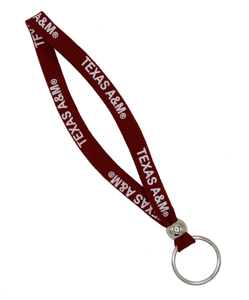 Texas A&M Aggies maroon wristlet lanyard with repeating Texas A&M text and metal key ring
