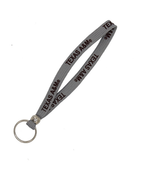 Texas A&M Aggies gray wristlet lanyard with repeating Texas A&M text and metal key ring