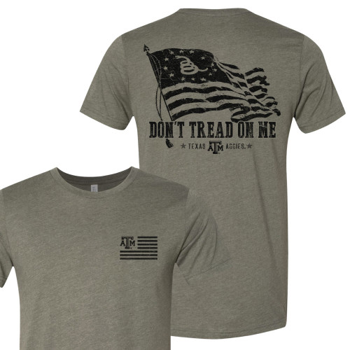 Texas A&M Aggies olive t shirt with Don’t Tread On Me Texas flag rattlesnake graphic on back and small Texas A&M logo on front