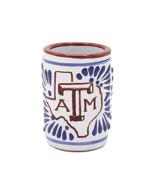 Texas A&M Aggies hand painted shot glass with Texas state outline, Texas A&M logo, and blue decorative pattern