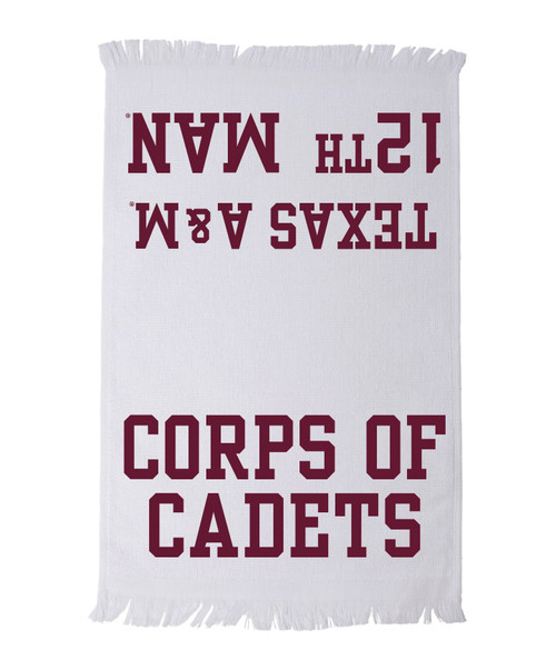 Texas A&M Aggies Corps of Cadets rally towel with mirrored Texas A&M 12th Man text and fringed edges