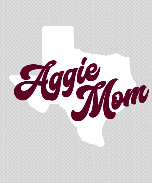 Texas A&M Aggies Aggie Mom decal with Texas state outline and script lettering design