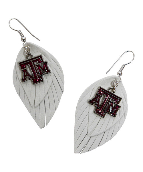 Texas A&M Aggies white layered leaf earrings with maroon Texas A&M logo charm and hook design