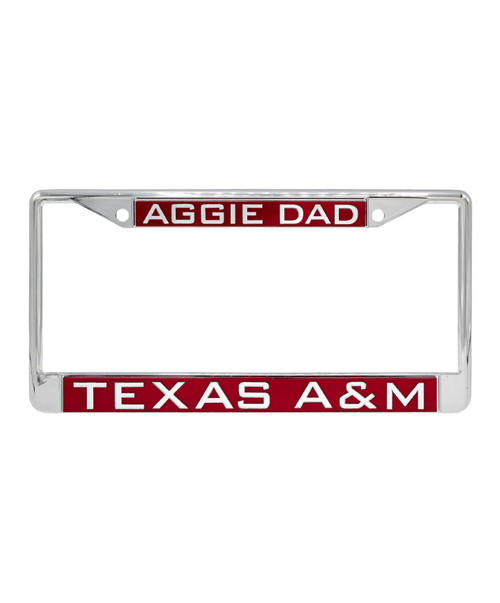 Texas A&M Aggies license plate frame with Aggie Dad text on top and Texas A&M text on bottom