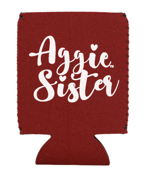 Texas A&M Aggies maroon koozie with Aggie Sister script text design