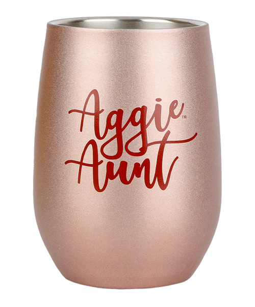 Texas A&M Aggies stemless wine glass with metallic finish and Aggie Aunt script text