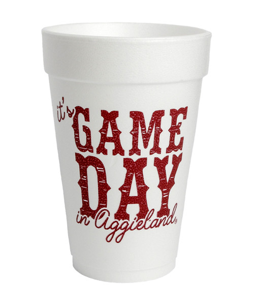 Texas A&M Aggies styrofoam cups with It’s Game Day in Aggieland text on one side and large Texas A&M logo on the other