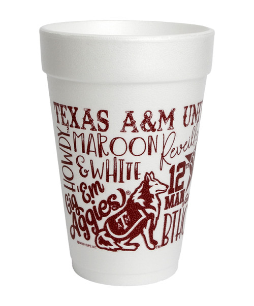Texas A&M Aggies styrofoam cups with all over maroon collage design featuring Texas A&M phrases, icons, and logo