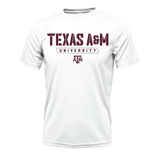 "Texas A&M University" printed in maroon centered over an ATM logo on the front of a white short sleeve active t-shirt.