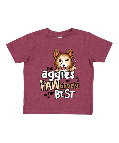 Texas A&M Aggies youth maroon t shirt with dog graphic and Aggies Paw sitively the Best text