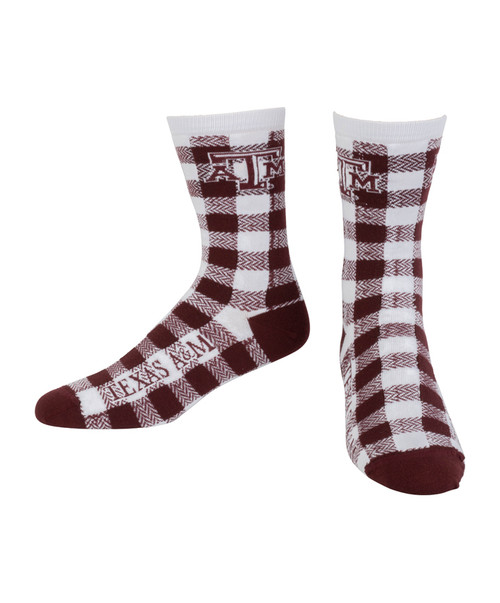 Texas A&M Aggies maroon and white plaid crew socks with Texas A&M logos and text details