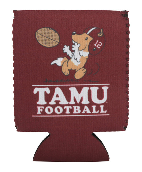 Texas A&M Aggies maroon koozie with vintage football character graphic and TAMU Football text