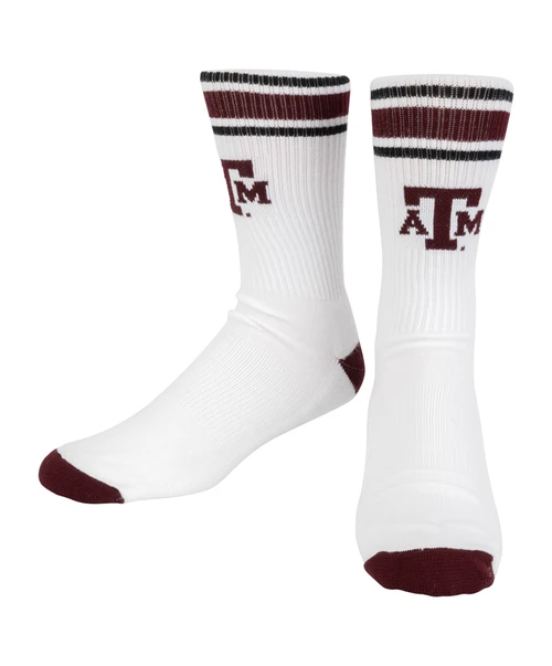 Texas A&M Aggies white crew socks with maroon toe and heel accents, stripe detail, and Texas A&M logo
