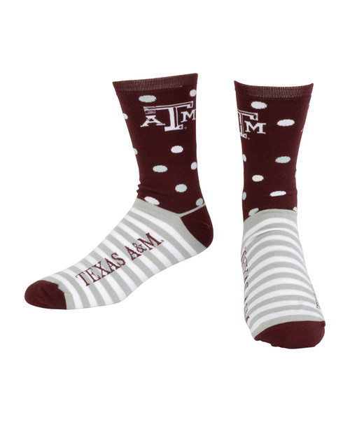 Texas A&M Aggies crew socks with half polka dot and half stripe design on each sock and Texas A&M logo details