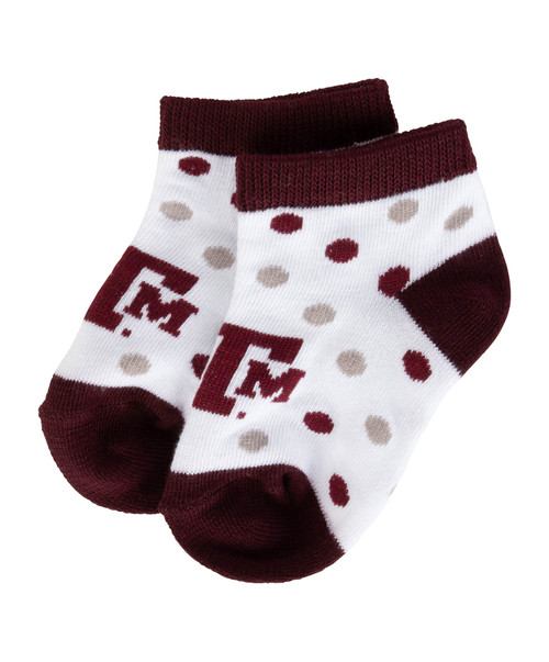 Texas A&M Aggies infant toddler socks with white base, maroon polka dots, and Texas A&M logo